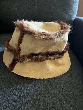 Faux Suede Bucket Hat with Fur Trim - Tan